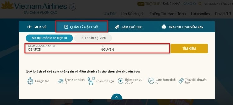 tra cứu vé máy bay Vietnam Airlines đã đặt