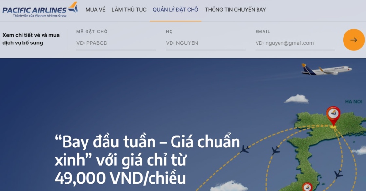 tra cứu vé máy bay đã đặt của Pacific Airlines