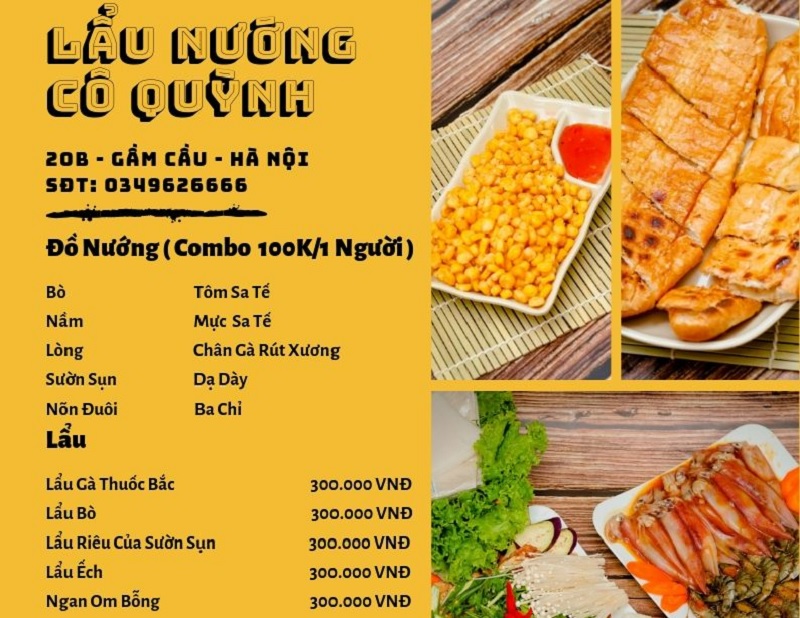 Menu giá cả phải chăng giúp quán lẩu nướng Cô Quỳnh trở thành một trong các quán nướng ngon rẻ Hà Nội đông khách.