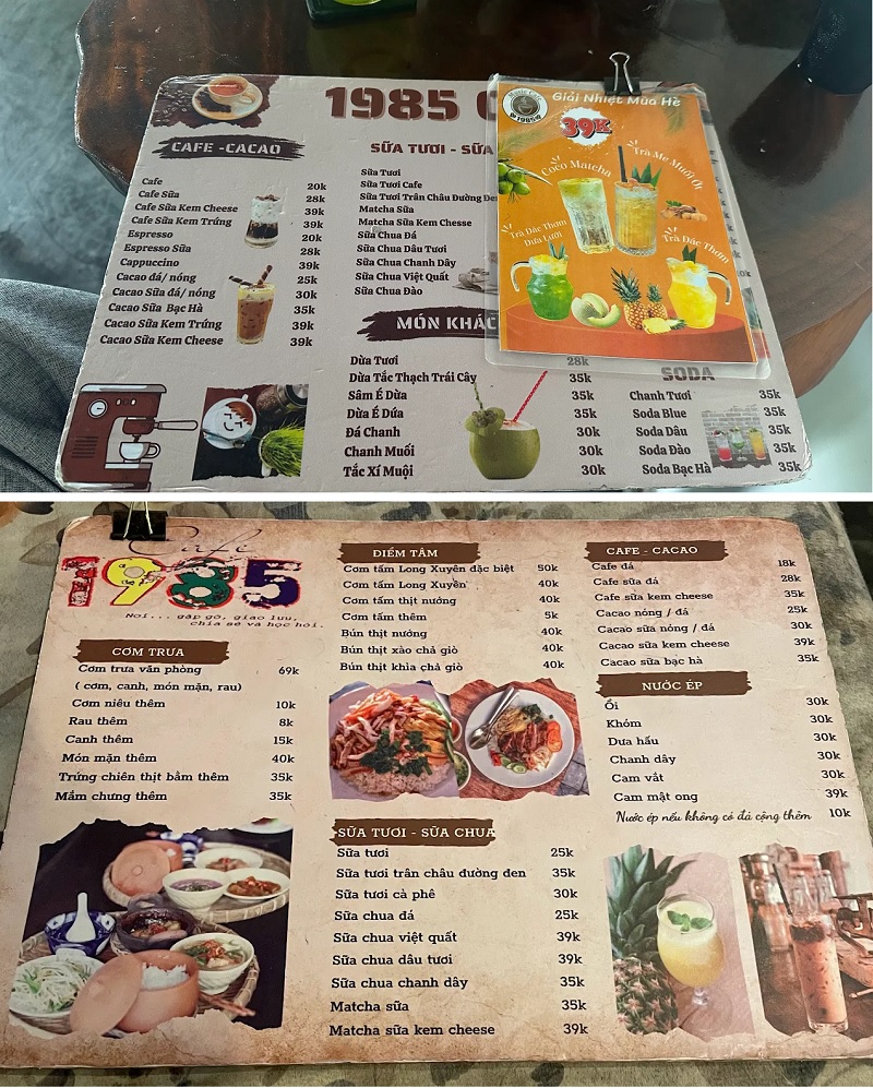 Menu 1985 Cafe Cần Thơ.