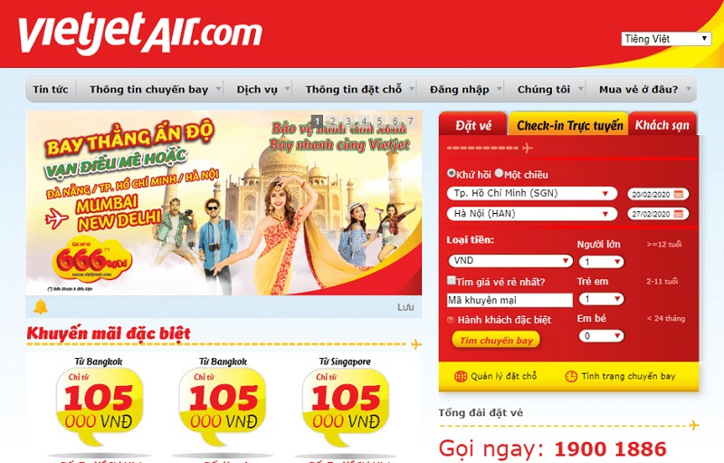 Đặt vé qua website nếu không thể đến phòng vé Vietjet tại Hà Nội